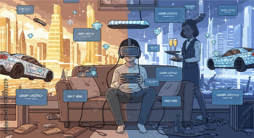 Futuristic virtual reality lifestyle vector art showing immersive gaming and digital entertainment. Futuristic virtual reality lifestyle concept for technology and gaming promotion.