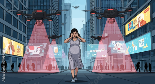Surveillance drones overhead in city street, scanning pregnant woman with red beams, digital screens display data, vector illustration.