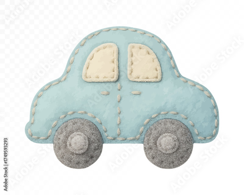 Cute watercolor blue felt car with stitched handmade details, soft pastel nursery illustration perfect for baby boy decor, kids room wall art and newborn design. Vector illustration.