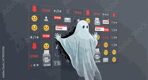 Ghost emerging from digital screen, vector illustration of online spam and unwanted messages, concept for cybersecurity and digital privacy.