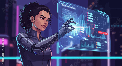 Futuristic woman interacting with holographic financial data display, vector illustration for technology and business concepts. for branding, packaging, banner, poster, website header,