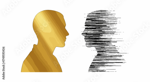 Golden silhouette profile facing digital data stream profile vector illustration. Concept of human mind transformation and artificial intelligence integration.