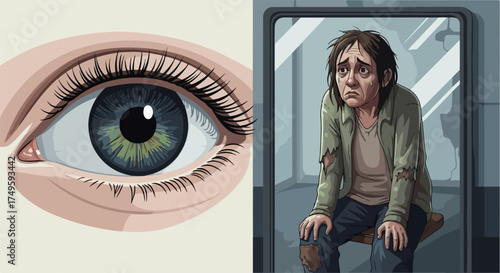 Close up human eye and reflection of sad person in mirror, vector illustration. Sadness and self perception concept, vector art.