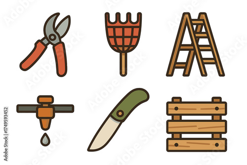 Gardening and farming tools icons featuring pruning shears, fruit picker, and step ladder