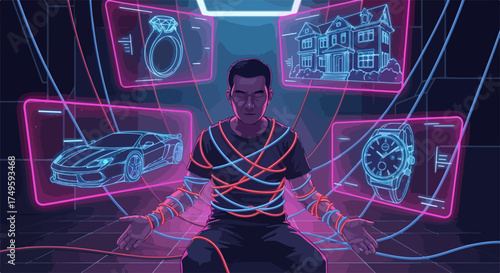 Man connected to digital displays of items, vector illustration. Digital dreams of wealth and possessions, concept of aspiration and desire. Vector art for finance and lifestyle themes.