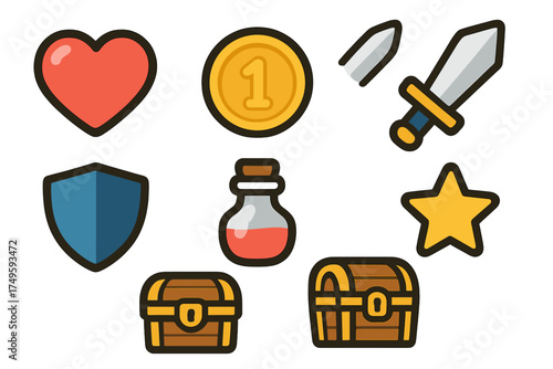 Collection of fantasy game icons including heart, coin, sword, shield, potion, and treasure chest