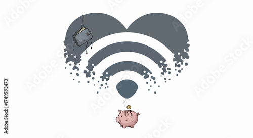 Digital heart with wifi signal dissolving into pixels, piggy bank floating with coin, vector illustration. for branding, packaging, banner, poster, website header, and social media design use