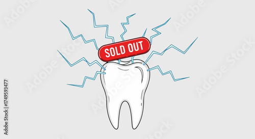 Tooth with sold out sign and lightning bolts, vector illustration for dental services. for branding, packaging, banner, poster, website header, and social media design use