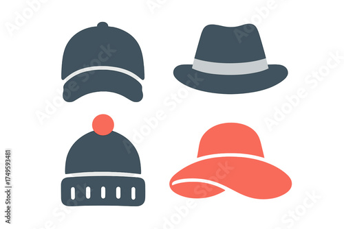 Four stylized headwear icons: baseball cap, fedora, beanie, and sun hat