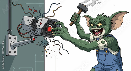 Mischievous gremlin character smashing security camera with hammer, vector illustration for technology and mischief concepts. for branding, packaging, banner, poster, website header,