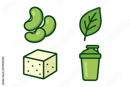 Plant based protein sources and fitness shaker bottle icons