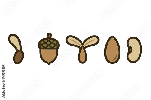Various seeds and seedling icons in simple graphic style