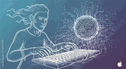 Digital creation vector illustration of person typing on keyboard with abstract network and glowing orb. Concept of digital art and technology.