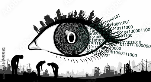 Vector illustration of an eye observing a city skyline with binary code flowing out, symbolizing surveillance and data analysis.