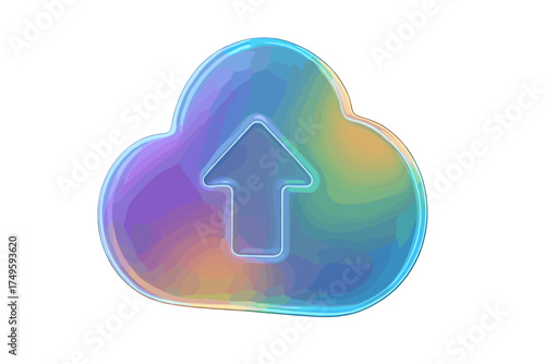 Holographic cloud icon with upward arrow for data upload