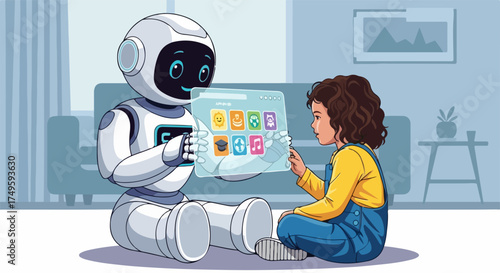 Friendly robot and child interacting with digital interface, vector illustration. Futuristic technology education and learning concept for childrens apps and websites.