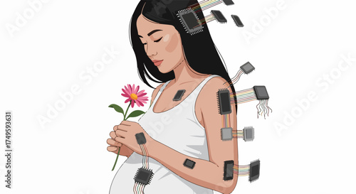 Vector illustration of pregnant woman holding flower, connected to technology with wires and devices, symbolizing future motherhood and innovation.