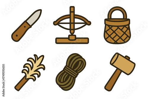 Set of primitive survival tools and crafting icons featuring knife, crossbow, and rope