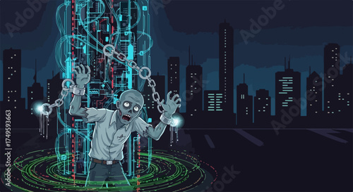 Zombie in chains, digital portal, city skyline, vector illustration, science fiction concept. for branding, packaging, banner, poster, website header, and social media design use