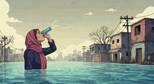 Woman endures climate crisis, drinking from bottle in flooded street. Individual in high water, submerged buildings nearby, illustrates severe climate crisis.