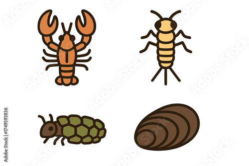 Collection of freshwater aquatic invertebrate icons including crayfish, larva, and mollusk