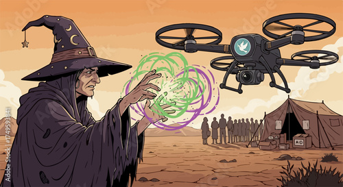 Wizard casting powerful spell towards fantasy tech drone, modern quadcopter flying in desolate desert. Elder sorcerer projects vibrant energy confronting advanced fantasy tech near distant crowd.