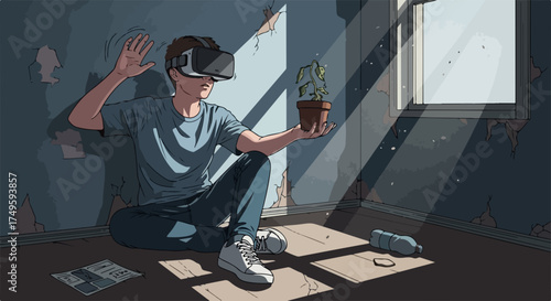 Person wearing virtual reality headset, holding small green plant in dilapidated room. Exploring immersive virtual reality world, sun rays illuminate dusty space, person engaged in digital experience.