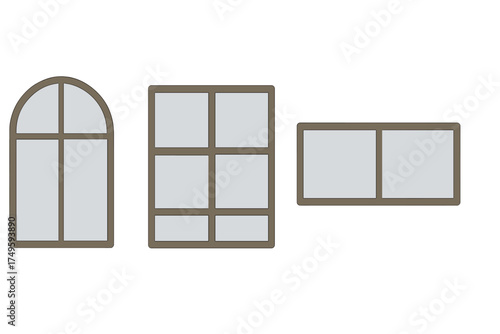 Three distinct architectural window designs with brown frames