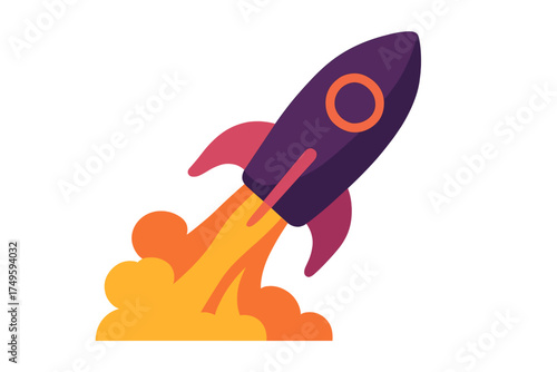Stylized purple rocket launching with bright orange and yellow exhaust flames