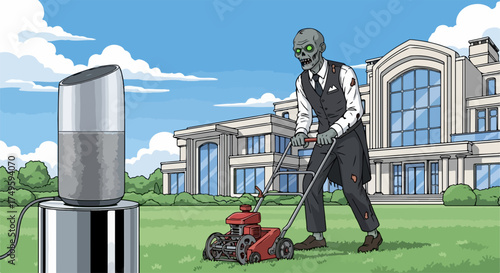 Skeleton butler mowing lawn with smart speaker nearby, vector illustration. Elegant skeleton butler in formal attire meticulously tending to lush green lawn with vintage lawnmower.