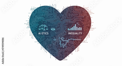 Digital heart vector illustration symbolizing AI ethics and inequality with circuit board patterns and data charts.