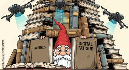 Gnome hiding in stack of books with AI ethics and digital fatigue themes, drones overhead, vector illustration.