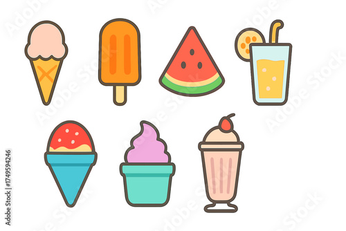 Colorful frozen desserts and cold beverage icons for summer themes