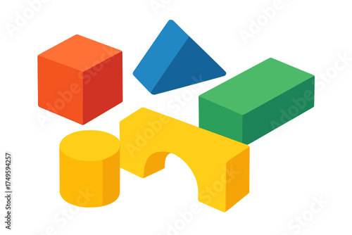 Isometric arrangement of colorful geometric building shapes