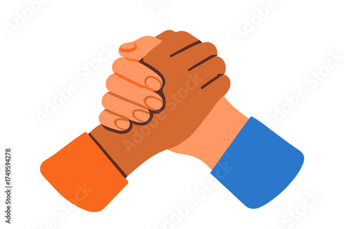 Diverse hands firmly gripping in strong partnership handshake gesture