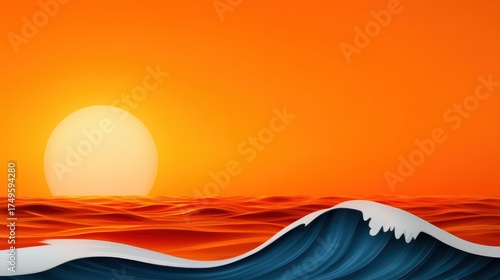 Orange Sunset Over Ocean Waves: Serene and Warm Seascape with a Large Sun and Rolling Waves