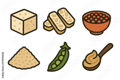Soy-based food icons featuring tofu, tempeh, and peanut butter