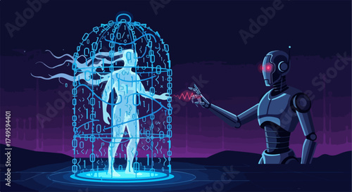 Digital human figure trapped in data cage, symbolizing ai control over human experience. Cybernetic robot extends hand towards confined glowing human,