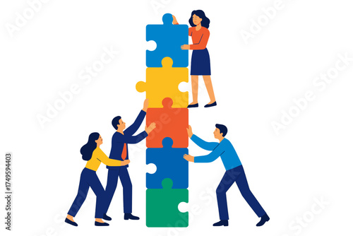 Diverse business team stacking colorful puzzle pieces to build structure
