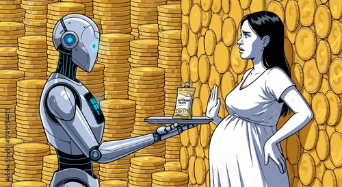Robot offering nutritional supplement to pregnant woman, symbolizing complex economic decision. Stacks of gold coins highlight wealth context surrounding economic decision making.