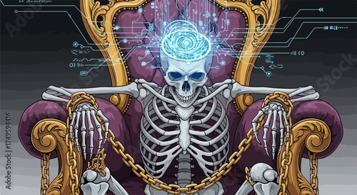 Artificial intelligence concept featuring skeleton on opulent throne, glowing circuit brain, symbolic chains. Artificial intelligence concept portrays powerful digital intelligence,