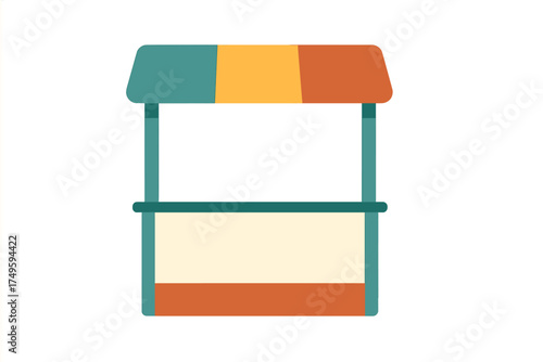Minimalist market stall kiosk with colorful striped awning and blank display