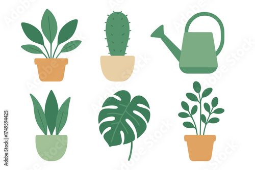 Assortment of potted houseplants and watering can symbols