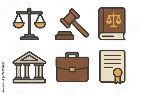 Brown and beige icons representing legal concepts like scales and gavel