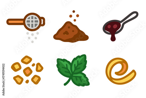 Set of baking and dessert ingredient icons featuring cocoa powder and fresh mint