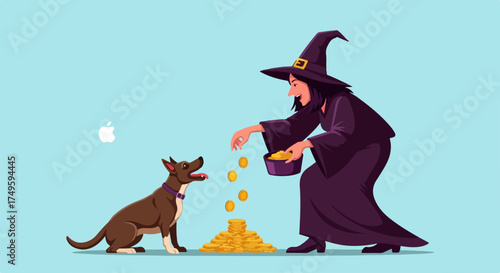 Witch dog money illustration features a mystical woman sharing golden coins with a loyal pet. Dark robed figure gives shiny money from pot, creating a growing pile for an attentive dog.