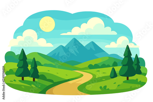 Winding dirt road through green rolling hills toward blue mountains under sunny sky