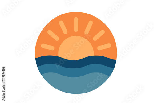 Stylized sun rising above layered ocean waves icon graphic