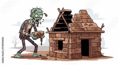 Cartoon zombie building house, carefully placing a stone block on top of unfinished stone structure. Undead character constructing a small dwelling,