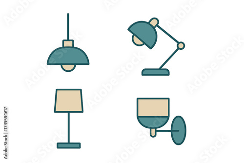Four stylized icons representing various indoor lighting fixtures and lamps